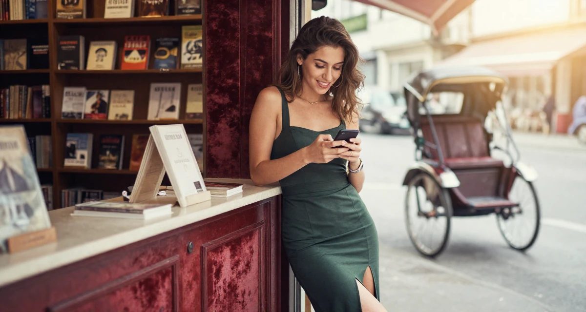 A charming Female Raised in Romania, studied entertainment marketing in their 25, trying to build an aesthetic that feels authentic, wearing a long pencil skirt with a high side slit, texting with both thumbs in a vintage bookstore.