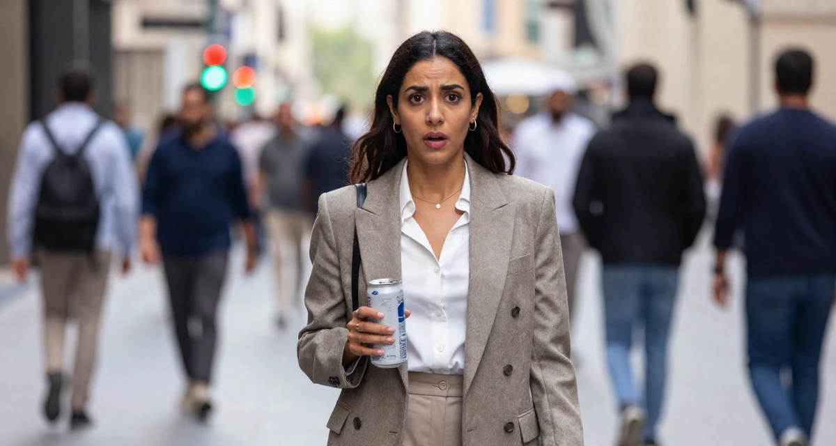 A stunned Female Raised in the UAE, studied consumer behavior analytics in their 40, managing a family business with dedication, wearing a smart casual blazer ensemble, holding a beverage can in a bustling city street.