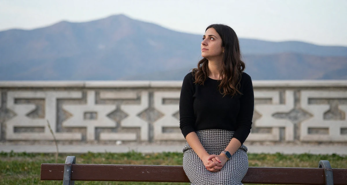 A relaxed and observant Female From Greece, studied philology in their 25, building confidence through small achievements, wearing a houndstooth pattern skirt and black top, gazing at the sky in a park bench.