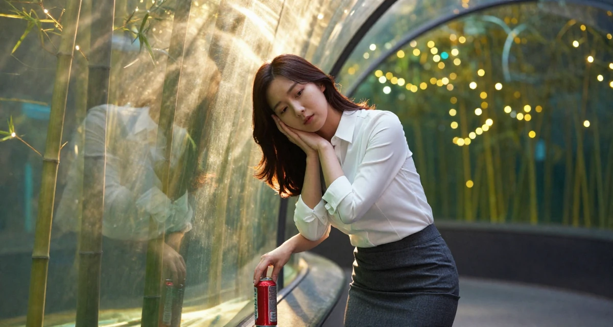 A exhausted Female From Korea, studied film directing in their 34, wearing success like a second skin, wearing a office lady pencil skirt and tight white shirt, opening a soda can in a aquarium tunnel.