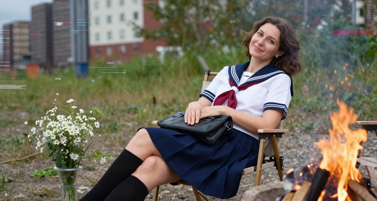 A pleased Female From Russia, studied computer science at a technical university in their 39, preparing for a new chapter in a new city, wearing a Japanese school sailor uniform (seifuku) with a pleated skirt, holding a purse tightly in a campfire circle.