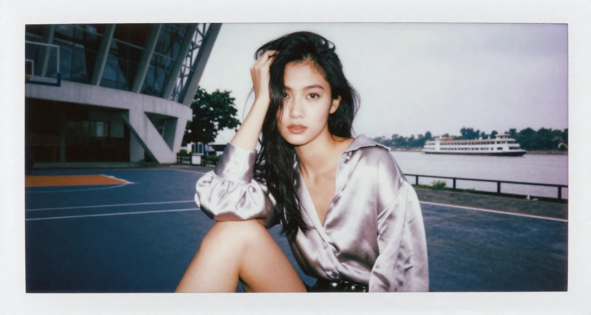 A hypnotic Female From Manila Philippines, studied mass communication in their 22, forming early ideas of personal branding, wearing a silk blouse with oversized cuffs, pushing hair from face in a basketball court.