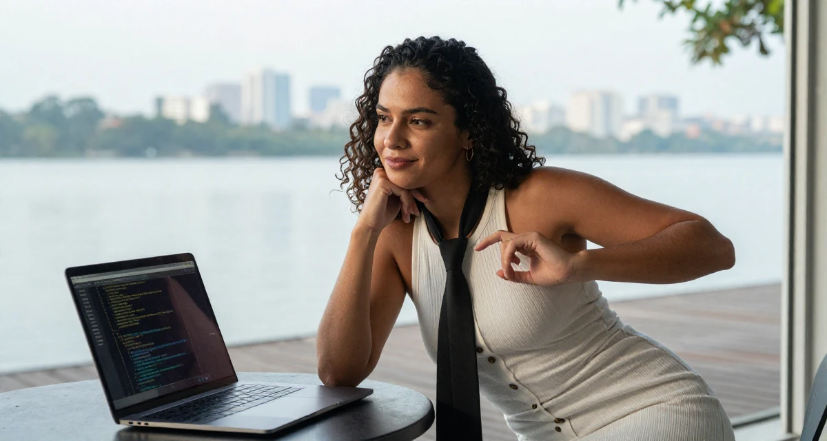 A amused Female From São Paulo Brazil, practiced samba dance and sensual movement in their 25, demanding respect in professional settings, wearing a ribbed cotton dress with buttons down the front, playing with a tie in a lakeside dock.