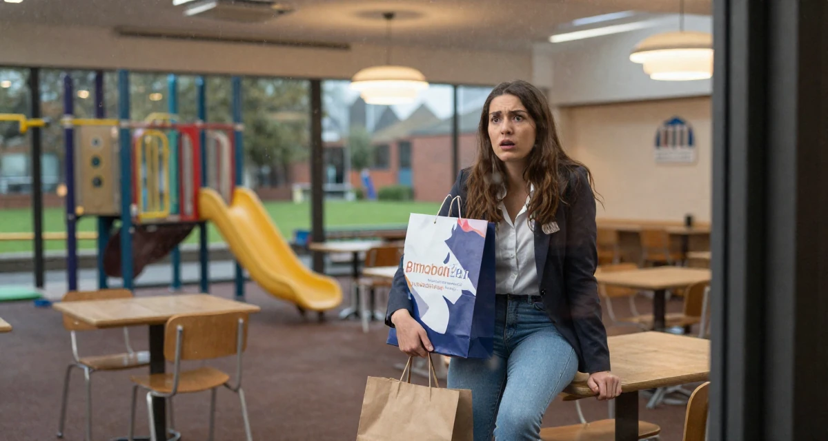 A awestruck Female From Birmingham United Kingdom, holds a degree in economics in their 21, struggling to wake up for early morning lectures, wearing a business casual outfit with jeans and a blazer, holding a shopping bag in a school playground.