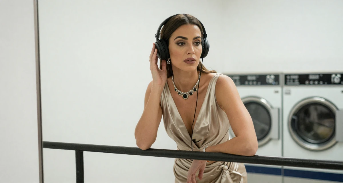 A sophisticated Female From Spain, based in Barcelona, graduated from a fashion institute majoring in body styling in their 49, noticing early burnout signs, wearing a regal empress gown with heavy silk and jewelry, listening to music with headphones in a laundromat.