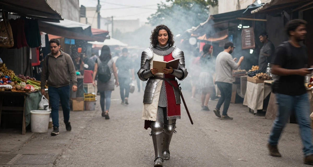 A pleased Female From Uruguay, studied anthropology in their 20, experimenting with a bold new personal style, wearing a female knight armor with a tabard and chainmail, holding a notebook in a bustling market.