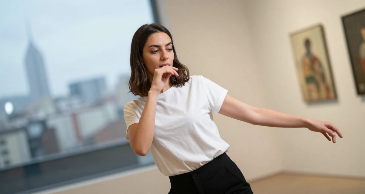 A aloof but intriguing Female From Arabic-speaking world, majored in health administration in their 25, building confidence by experimenting with poses, wearing a minimalist Scandinavian style, biting the lower lip softly in a art gallery hall.