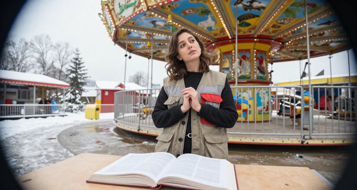 A lazy Female Raised in Turkey, studied media relations and advertising in their 32, first-time homeowner documenting renovation process, wearing a urban explorer utility vest look, clasping hands together in a carnival with rides.
