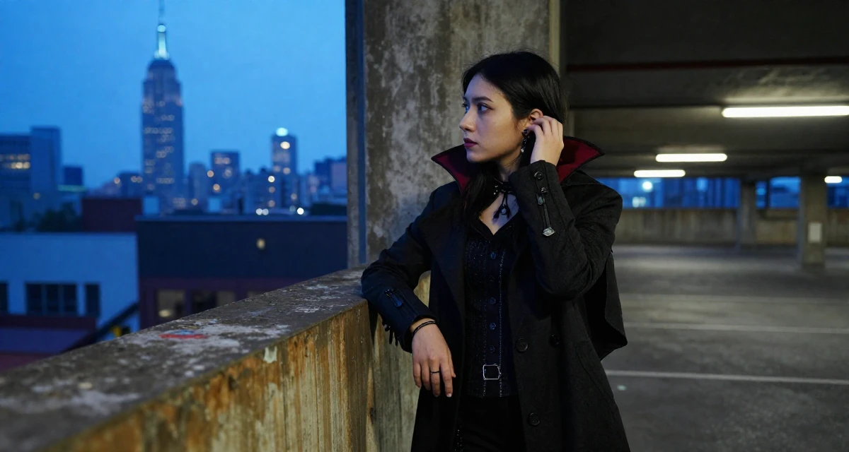 A pensive Female From the Philippines, based in Davao, graduated from a communication program majoring in fan engagement dynamics in their 25, learning to deal with unsolicited feedback online, wearing a gothic vampire hunter outfit with a long coat, looking out the window in a underground parking garage.
