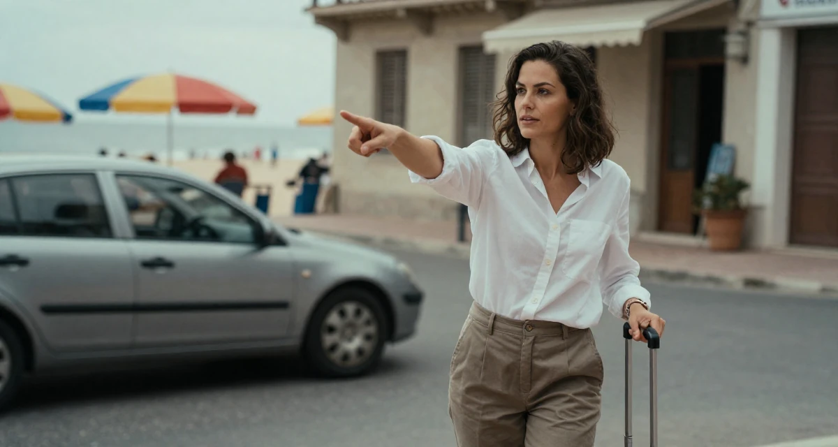 A ambitious Female Once a sewing hobbyist, now designing outfits for her shoots in their 22, learning workplace expectations and boundaries, wearing a crisp white shirt and chinos, polling a luggage handle in a quaint European street.