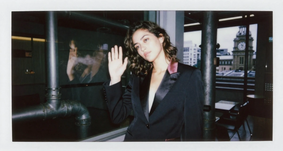 A pensive Female Former geography club member, now producing exploration-themed content in their 22, exhausted from the hustle of side gigs, wearing a satin lapel blazer and tuxedo pants, checking a reflection in a window in a waiting room.