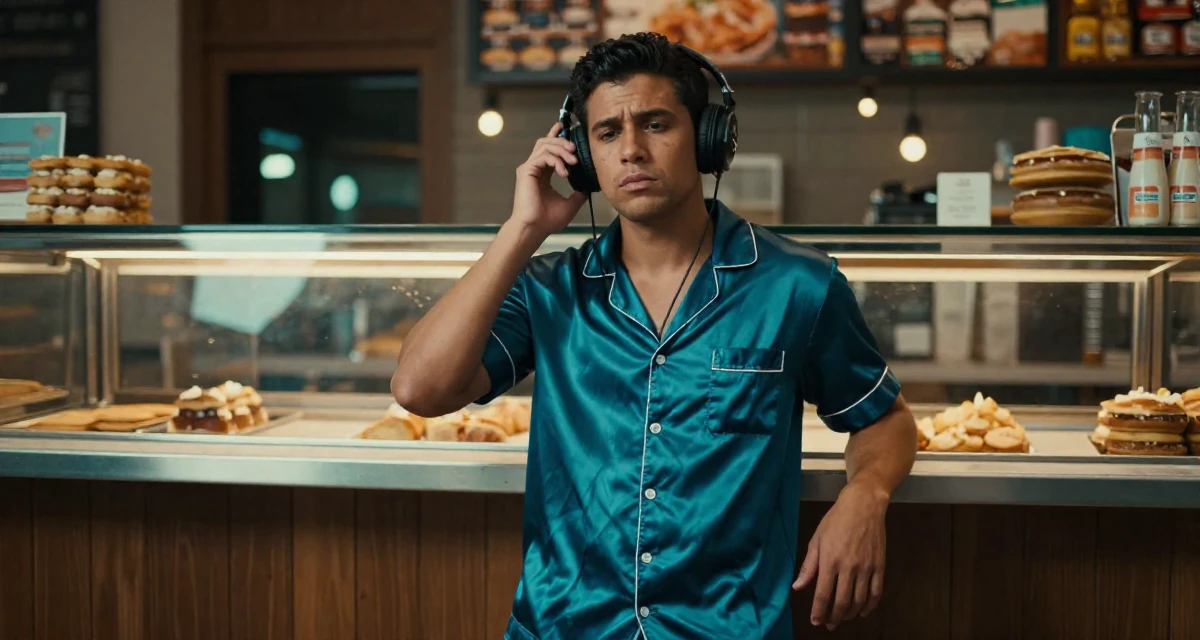 A fragile male From United States, majored in hospitality operations in their 37, creating educational content for children, wearing a satin pajamas set with the top unbuttoned, listening to music with headphones in a bakery counter.