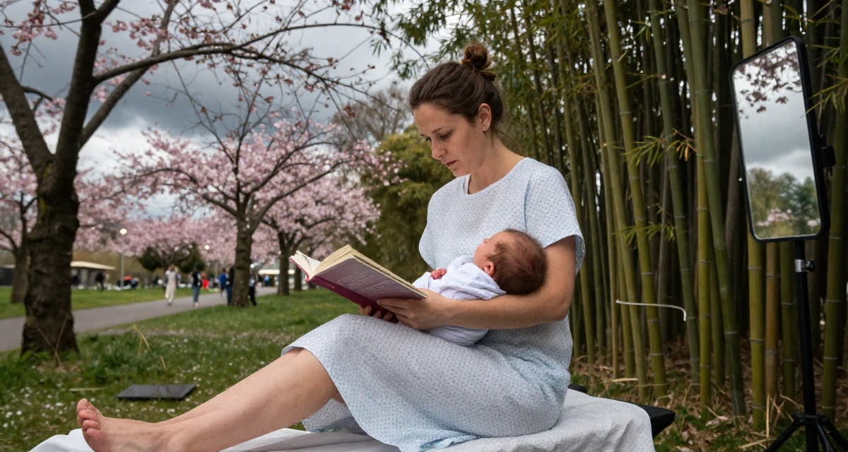 A grounded Female From France, trained in perfumery and chemistry in their 35, caring for a newborn, wearing a hospital patient gown tailored to be form-fitting, reading a book intently in a cherry blossom park.