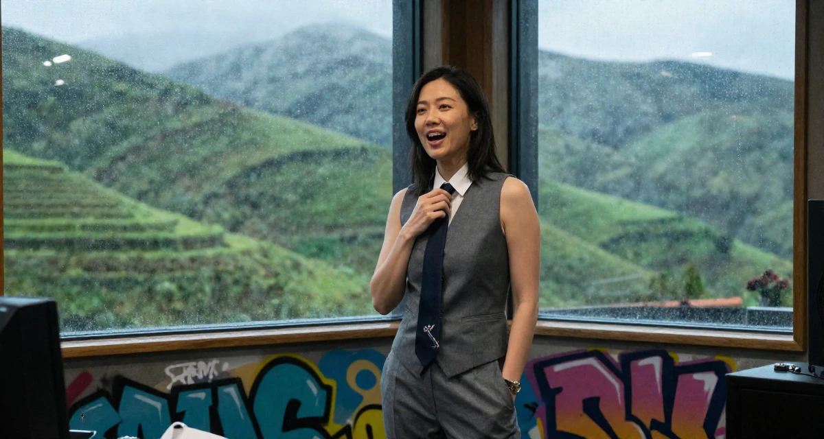 A energetic Female From Chinese-speaking regions, studied petroleum economics in their 30, learning that survival in creator economy requires brutal discipline, wearing a grey vest and matching trousers outfit, playing with a tie in a recording booth.