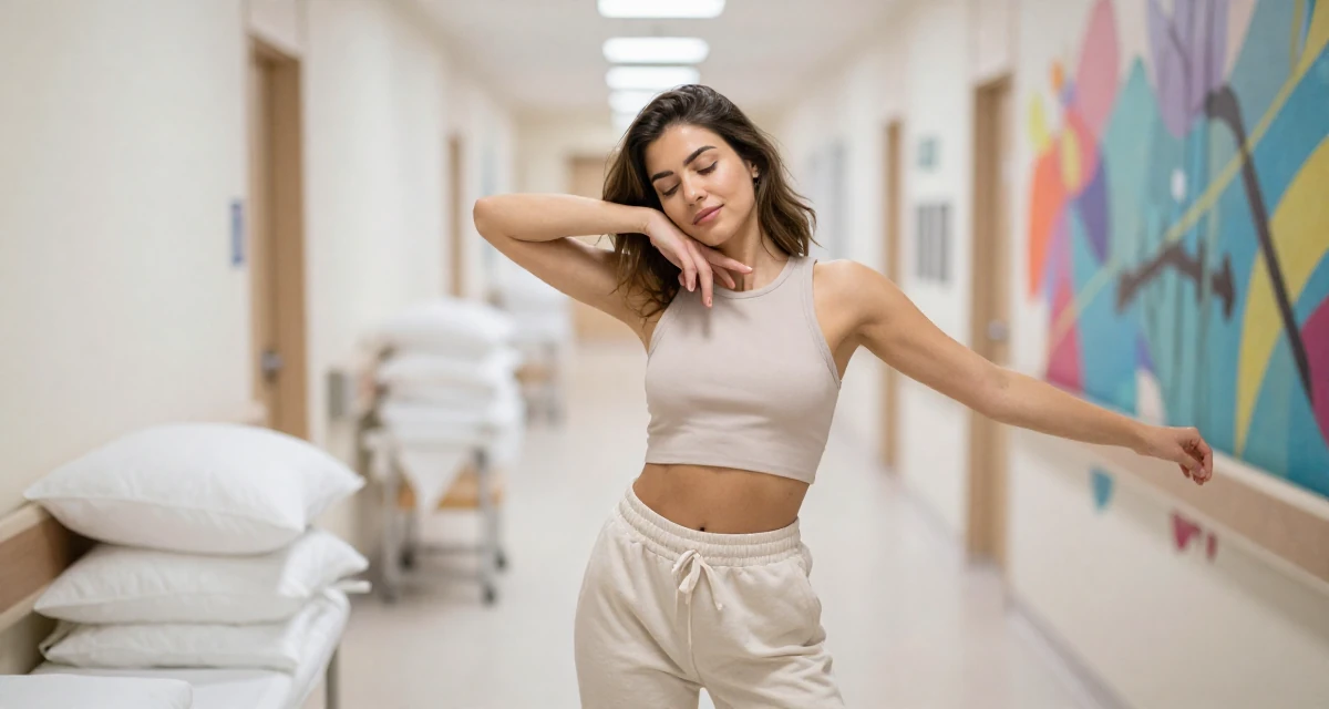A peaceful Female From Dubai UAE, majored in luxury branding and lifestyle presentation in their 22, comparing growth with other creators and feeling pressure, wearing a cropped tank top and low-waisted sweatpants, resting a chin on a hand in a hospital corridor.