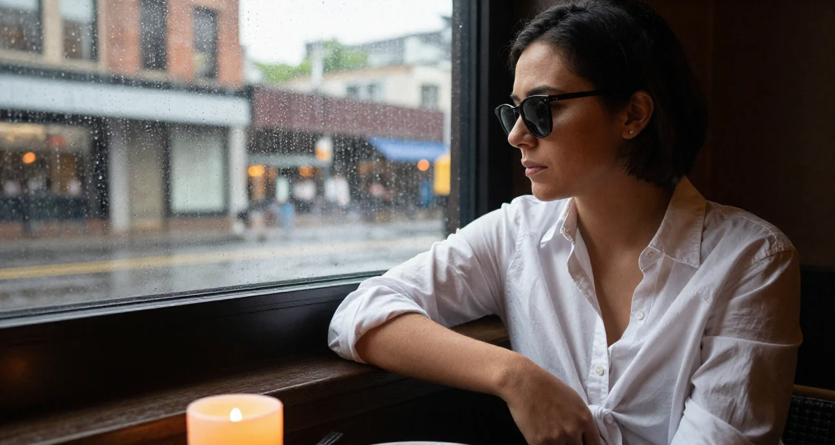 A melancholic Female From United States, studied civil service management in their 26, exploring digital nomad life, wearing a crisp button-up with rolled sleeves, lowering sunglasses to look out in a rainy window seat.