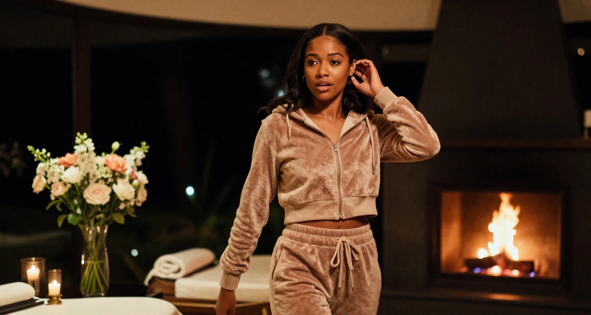A eager Female From Johannesburg South Africa, majored in sport management in their 25, forming independent opinions and values, wearing a velour tracksuit with a cropped zip-up hoodie, tucking hair behind an ear in a luxury spa room.