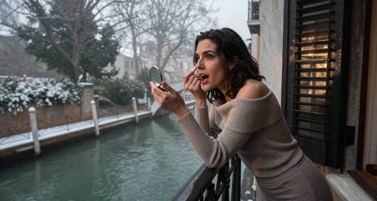 A passionate Female From France, has a degree in art history and curating in their 34, advocating for eco-friendly parenting, wearing a off-the-shoulder knit top and fitted trousers, checking makeup in a compact mirror in a dense misty forest.