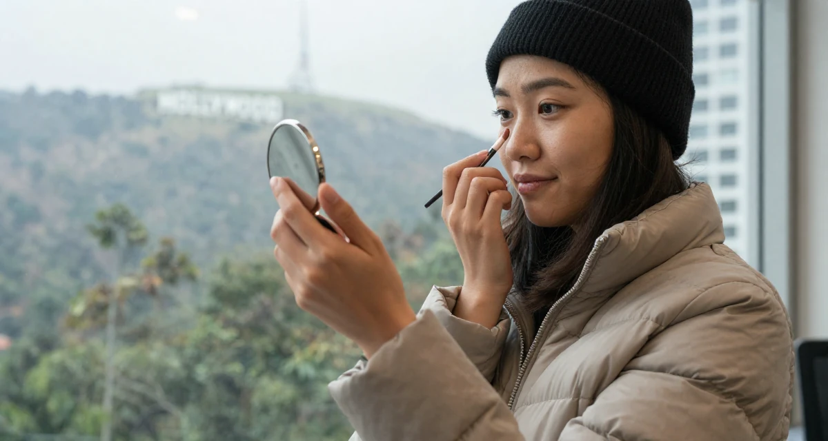 A sympathetic Female From Singapore, studied business analytics in their 23, trying to collaborate with other creators for visibility, wearing a warm puffer jacket and beanie, checking makeup in a compact mirror in a high-rise office building.