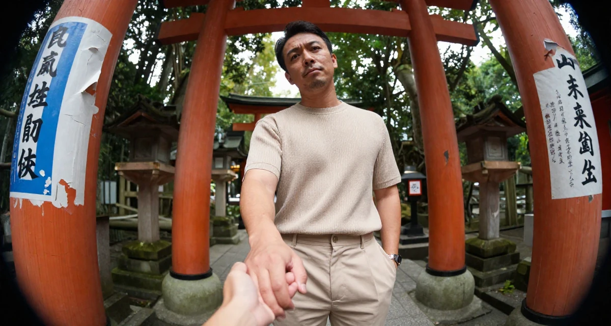 A self-assured male From Singapore, has a degree in business management in their 30, feeling pride and fatigue in equal measure, wearing a monochromatic beige outfit with a knit top and trousers, holding hands with someone unseen in a Japanese Shinto shrine.