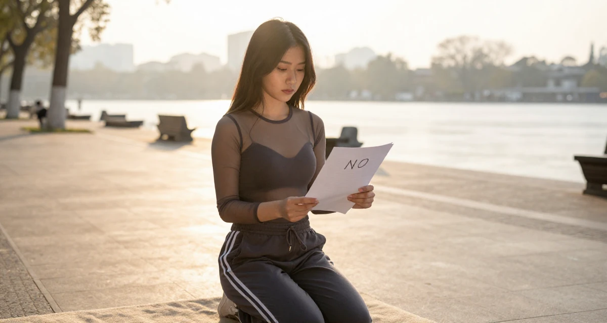 A timid Female From Vietnam, majored in international business in their 23, learning how to say “no” to requests outside comfort, wearing a mesh paneled bodysuit and track pants, holding a piece of paper in a pedestrian plaza.