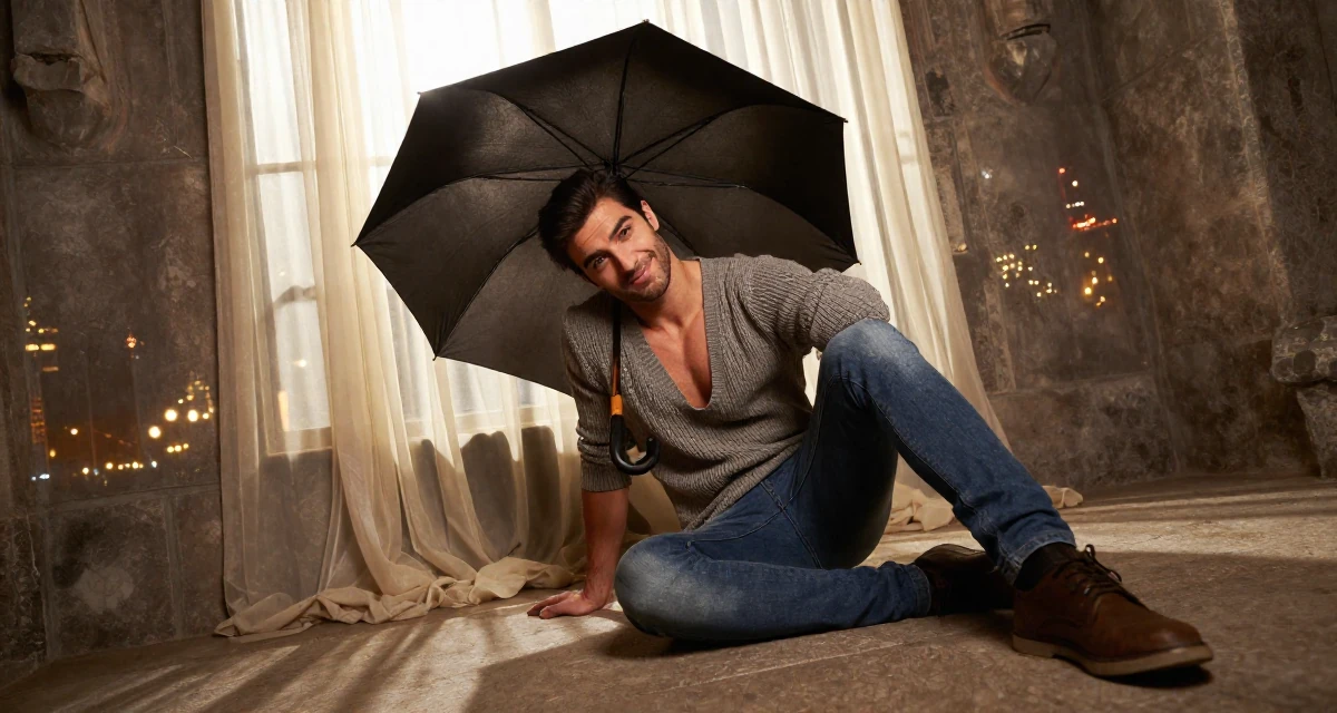 A amused male Raised in Turkey, studied media relations and advertising in their 25, realizing 25 is still incredibly young, wearing a plunging v-neck sweater and skinny jeans, holding an umbrella in a dungeon cell.