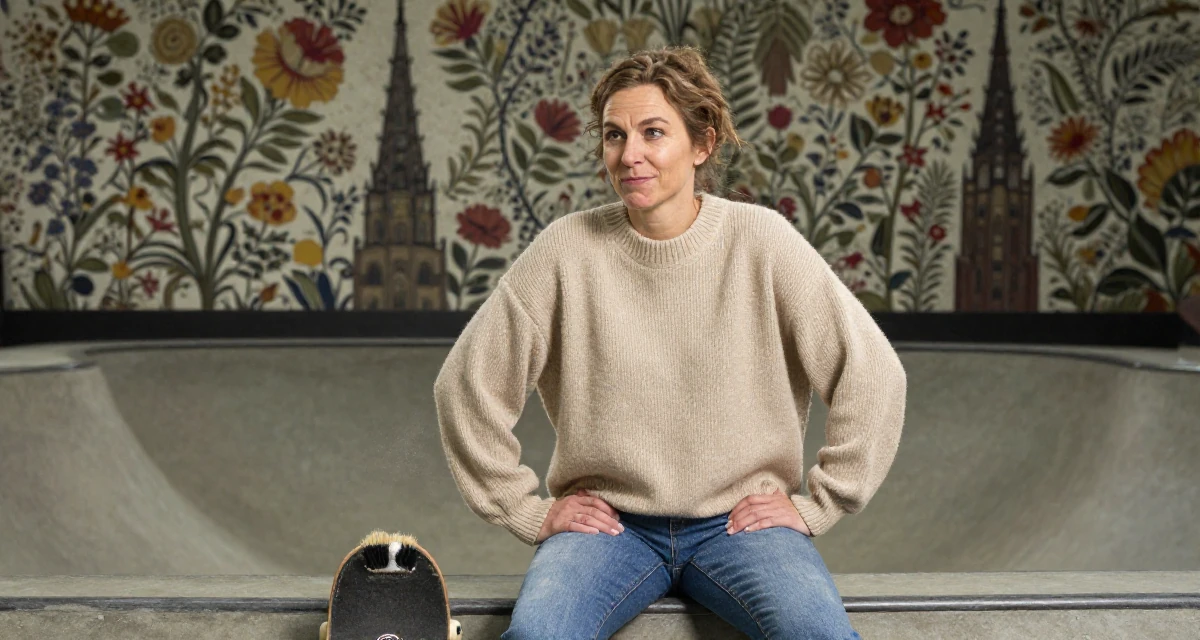 A cheeky Female From Hamburg Germany, learned studio lighting from fashion workshops in their 50, exploring semi-retirement options, wearing a oversized beige sweater and jeans, brushing off dust in a skate park.