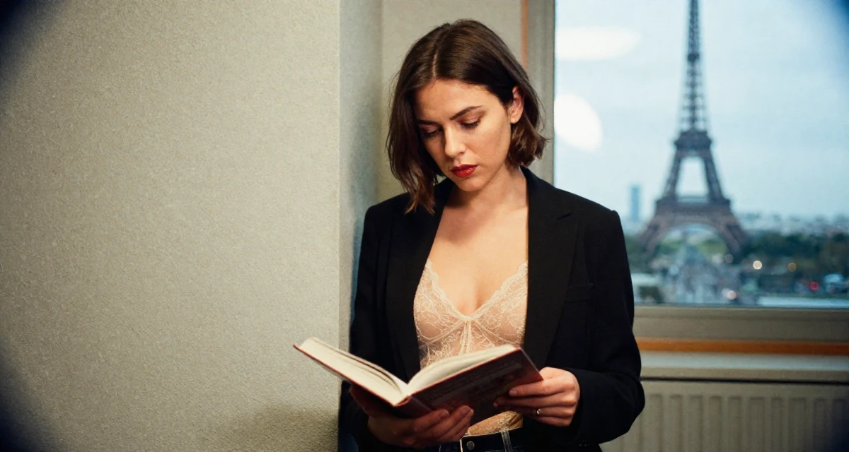A enigmatic Female From Belgium, studied film production in their 26, learning that trends shift faster than energy can keep up, wearing a sheer lace bodysuit worn under a blazer, opening a book in a radio station.