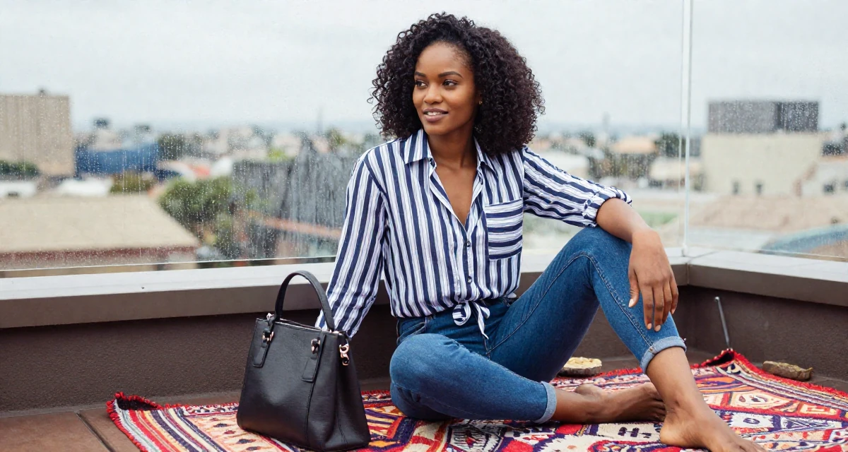 A vibrant and alive Female From Johannesburg South Africa, explored fitness lifestyle content in their 23, using confidence as the core of seductive branding, wearing a classic striped shirt and jeans, holding a purse tightly in a rooftop terrace.