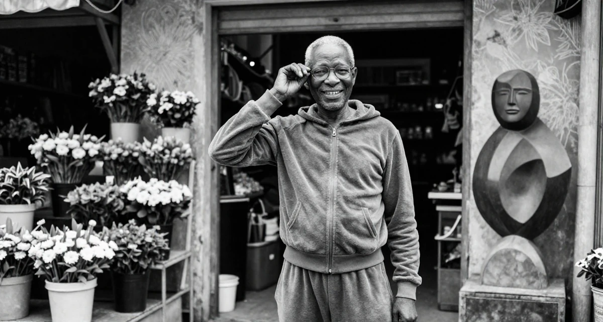 A relaxed and happy male From Nigeria, studied biomedical science in their 50, sharing the secrets of graceful aging, wearing a velour tracksuit with a cropped zip-up hoodie, pushing glasses up the nose in a flower shop entrance.