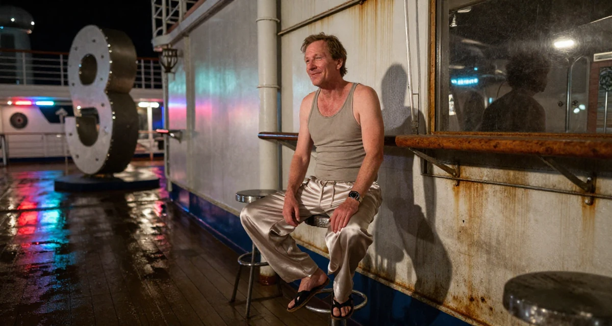 A peaceful male From Finland, majored in educational psychology in their 38, focused on longevity and holistic wellness, wearing a loose silk trousers and a fitted tank top, shifting weight impatiently in a cruise ship deck.