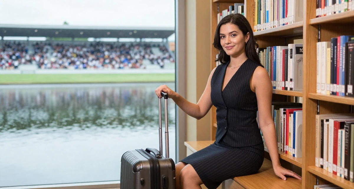 A smiling gently Female Former massage therapist, now offering wellness-focused content in their 39, building a brand around authentic storytelling, wearing a pinstripe pencil skirt and a matching vest top, pulling a suitcase in a library aisle.