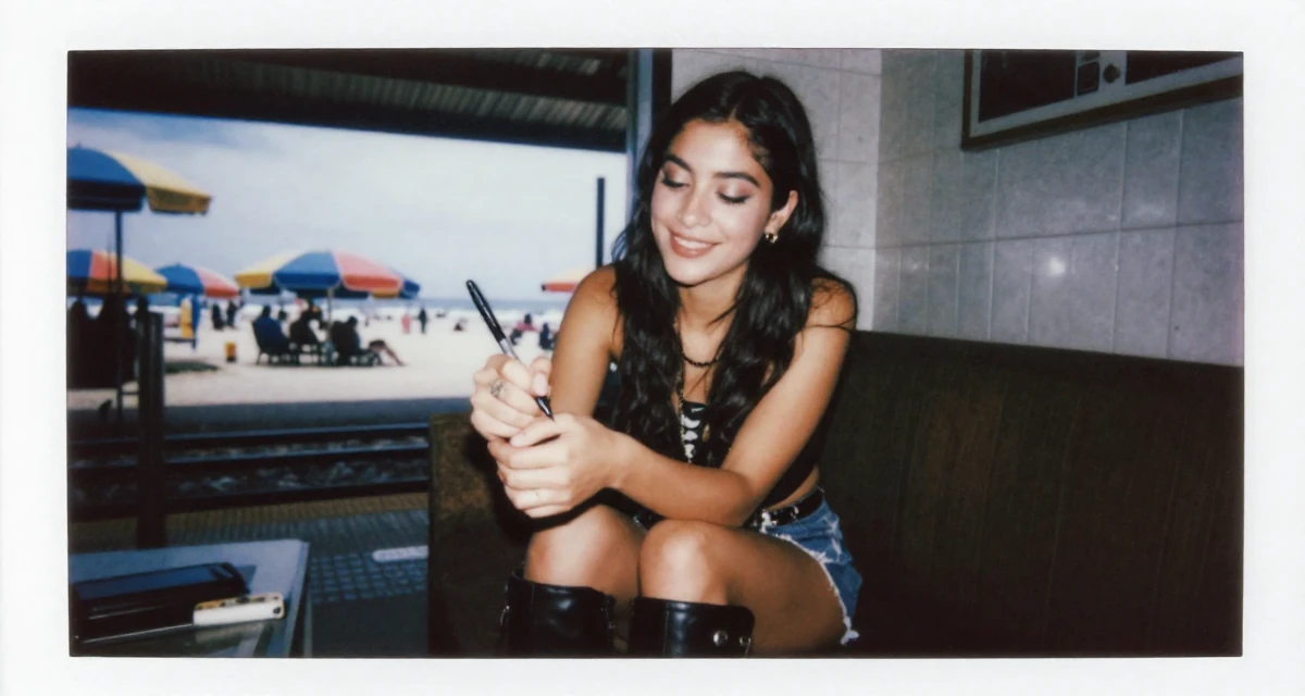 A hopeful Female From Bolivia, based in Santa Cruz, graduated from a media academy majoring in creative strategy in their 25, exploring soft-glam looks to elevate content quality, wearing a edgy street style with boots, holding a pen poised to write in a home interior.