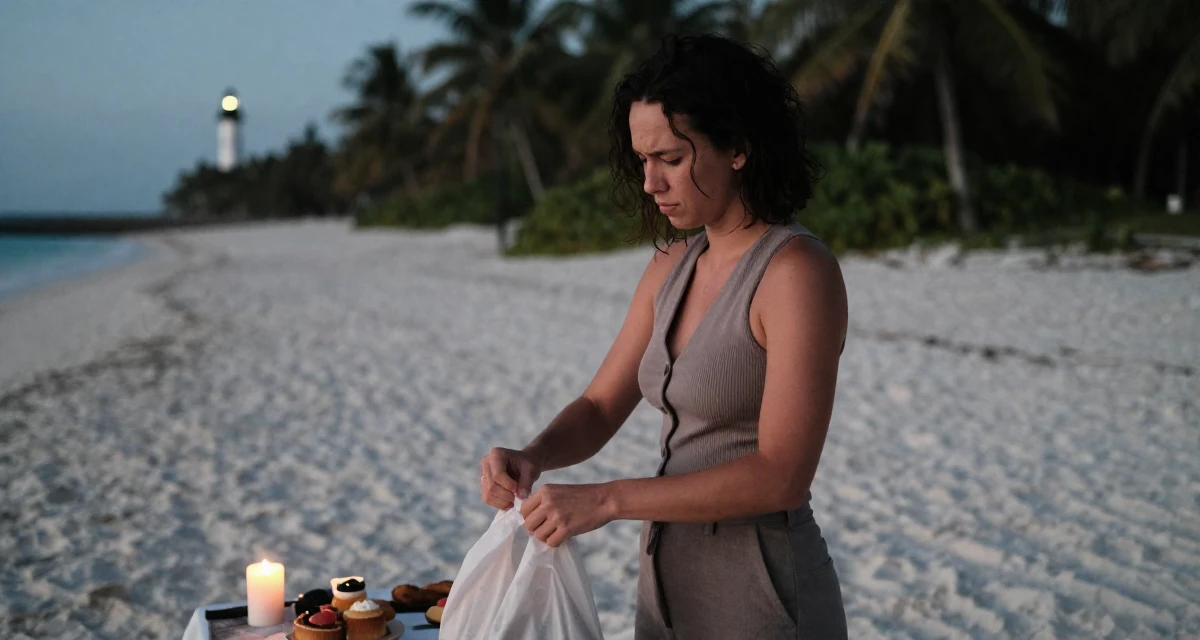 A stressed Female Once a pastry chef, now blending cooking with playful creator energy in their 25, exploring personal identity for the first time, wearing a fitted vest top worn without a shirt underneath and slacks, closing a bag in a tropical white sand beach.