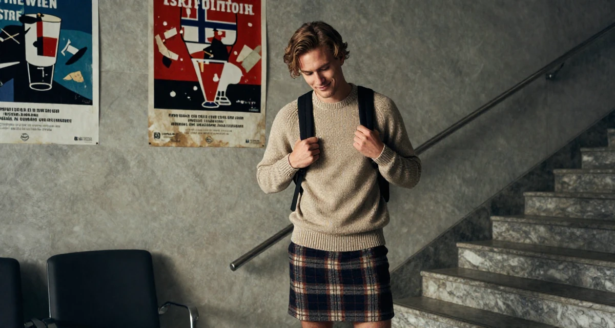 A softly smiling male From Norway, based in Bergen, graduated from a regional college majoring in creative communication in their 20, heartbroken over a summer romance, wearing a fitted merino wool sweater and plaid mini skirt, adjusting a backpack strap in a airport departure lounge.