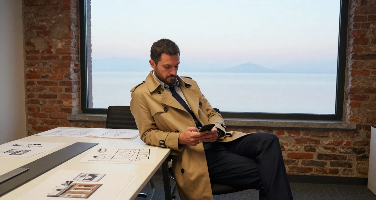 A settled male From Greece, based in Athens, graduated from a design academy majoring in romantic-themed media in their 40, starting a business after years of corporate life, wearing a classic trench coat worn over a business dress, checking a phone in a conference room.