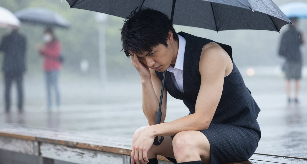 A arrogant male From Japan, studied early childhood education in their 28, understanding that burnout is part of the cycle, wearing a pinstripe pencil skirt and a matching vest top, shaking rain off an umbrella in a banquet hall.