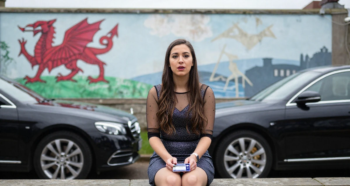 A vibrant Female Born in Wales, majored in education studies in their 27, feeling stuck between passion and survival, wearing a ice skater sparkly dress with sheer sleeves, holding a subway card in a backyard garden.