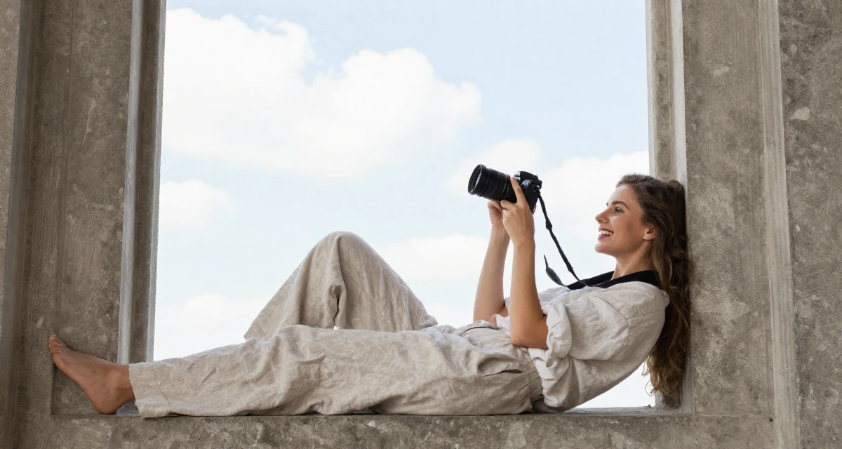 A vibrant Female From Ukraine, based in Odessa, graduated from a design academy majoring in aesthetic content creation in their 25, evaluating whether to rebrand for better growth, wearing a loose-fitting linen trousers, holding a camera ready to shoot in a gothic cathedral interior.