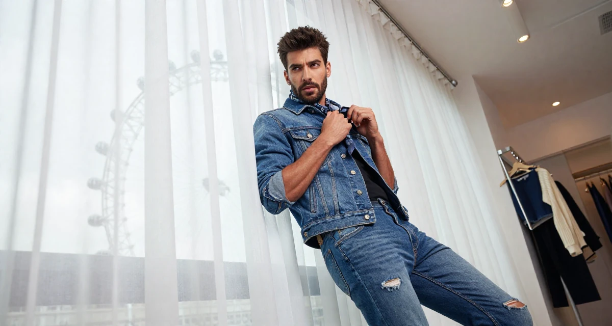 A bold and charismatic male From Turkey, has a degree in tourism management in their 22, planning themed sensual shoots for better consistency, wearing a fashionable denim on denim, wrapping a scarf around the neck in a clothing boutique.