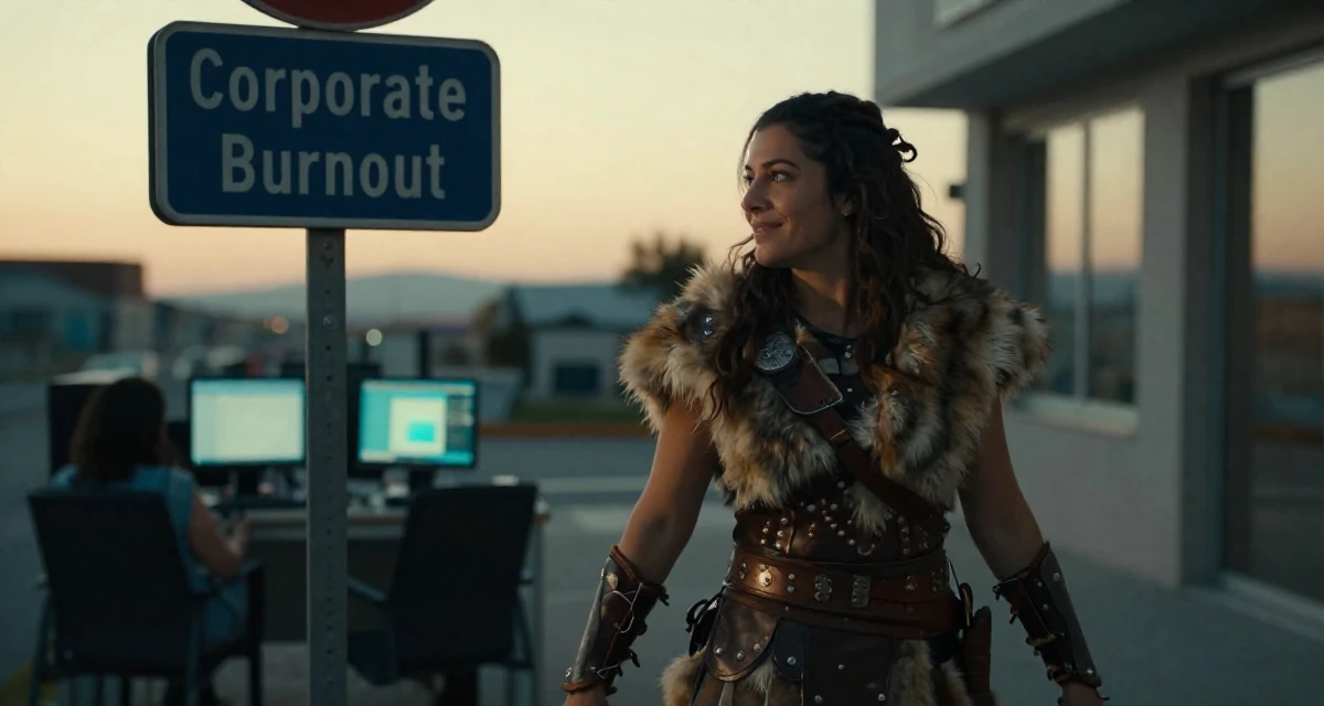 A friendly Female Born in Greece, majored in content creation & storytelling in their 30, trying to escape corporate burnout, wearing a barbarian warrior outfit with faux fur and leather, looking at a street sign in a radio station.