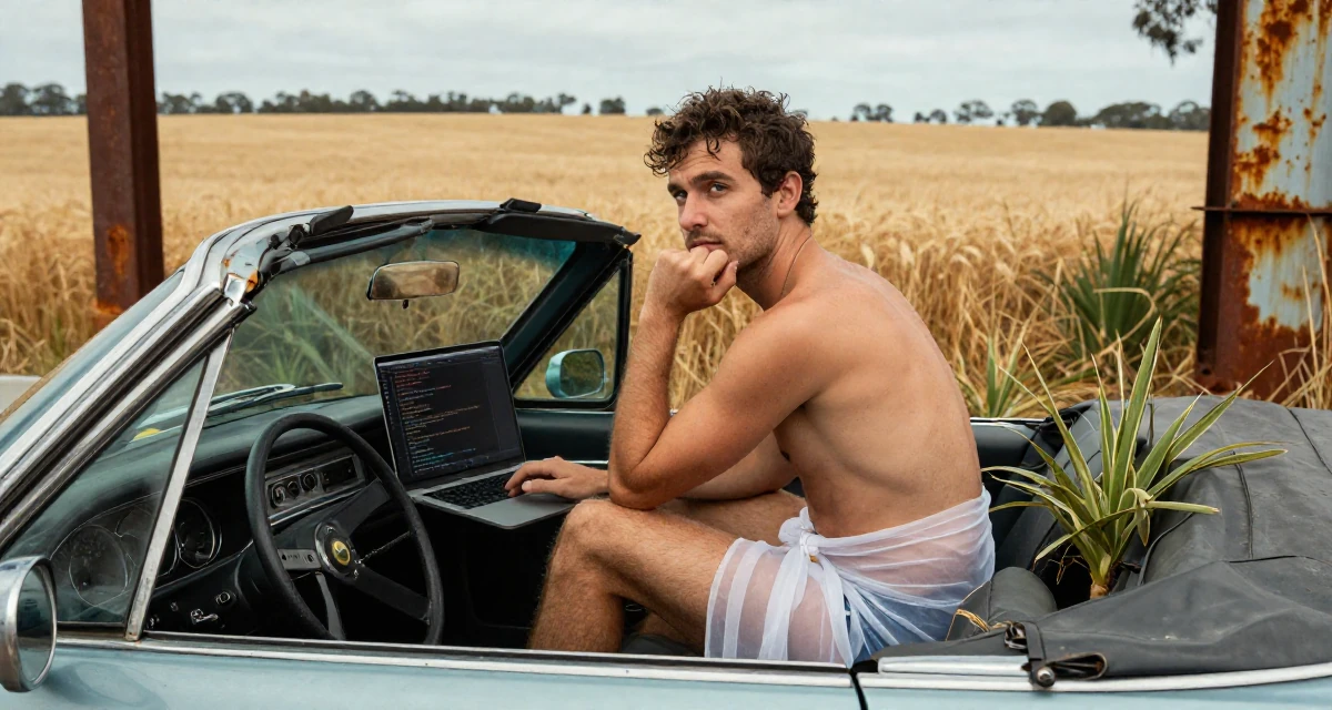 A longing male From Melbourne Australia, studied photography and imaging in their 33, teaching coding and tech skills online, wearing a sheer sarong skirt over a swimsuit, glancing over the shoulder in a vintage convertible car.