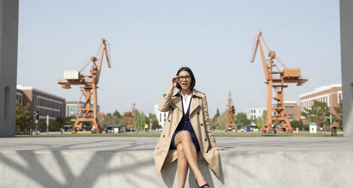 A spirited Female Once a supermarket clerk, now building a slow-life creator brand in their 32, seeking intellectual challenges over busy work, wearing a classic trench coat worn over a business dress, pushing glasses up the nose in a university campus.