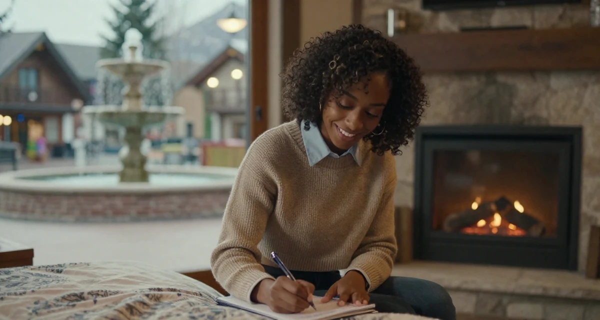 A relaxed and happy Female From Trinidad & Tobago, studied performing arts in their 24, planning seasonal or holiday-themed drops, wearing a cropped sweater over a collared shirt, holding a pen poised to write in a ski lodge fireplace.