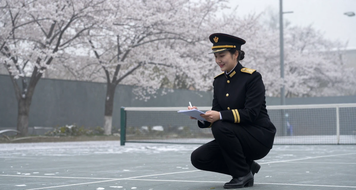A grateful Female Previously a hotel receptionist, now a travel-inspired content creator in their 25, entering first serious friendships and relationships, wearing a imperial officer uniform with a peaked cap, holding a pen poised to write in a tennis court.