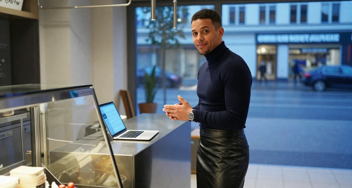 A magnetic male From Oslo Norway, majored in music technology in their 22, managing multiple social platforms for promotion, wearing a fitted turtleneck and a leather midi skirt, clasping hands together in a bakery counter.