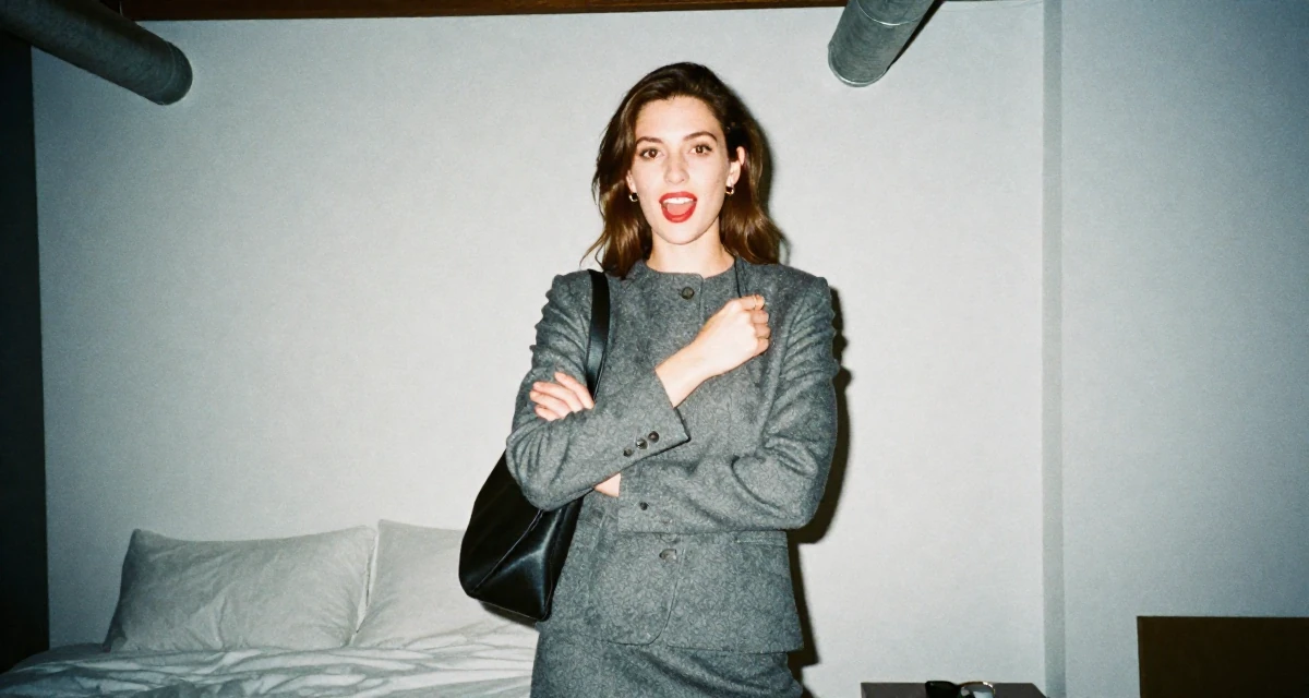 A enthusiastic Female Born in Greece, majored in content creation & storytelling in their 33, exploring luxury travel and fine living, wearing a grey wool skirt suit with a fitted jacket, adjusting a shoulder strap in a minimalist bedroom.