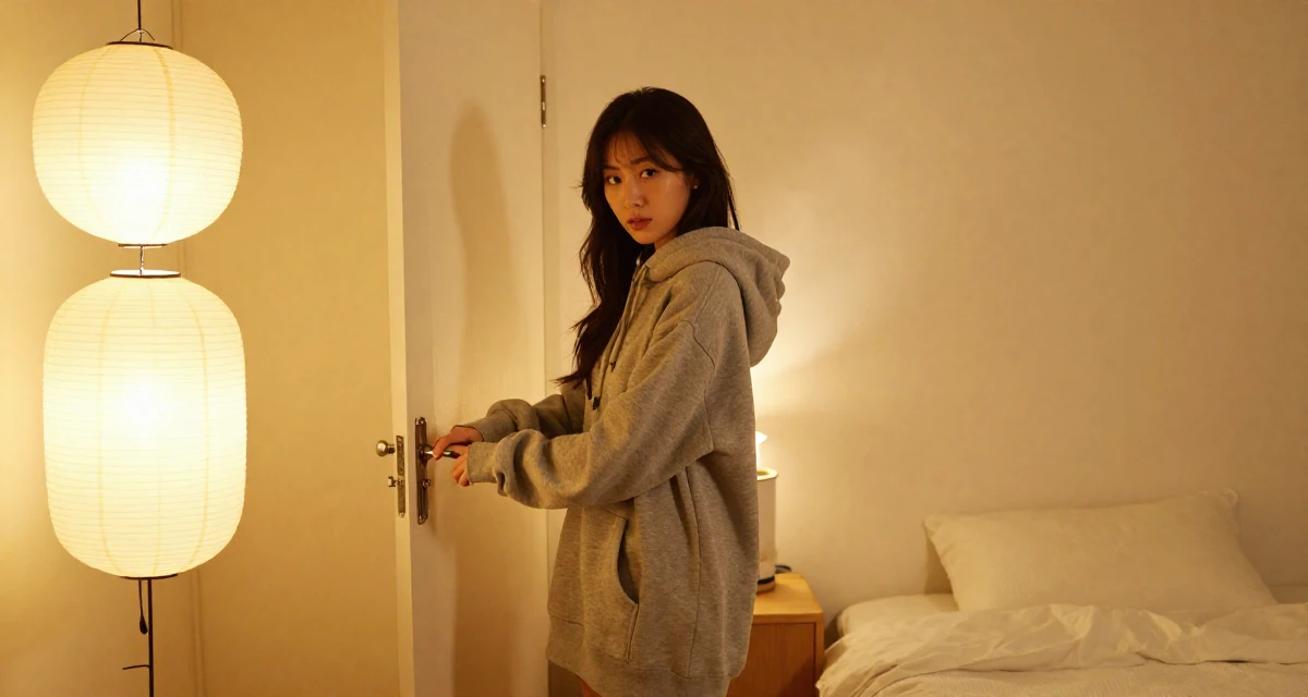 A intense and captivating Female From South Korea, studied interface design in their 25, learning to flirt through camera presence alone, wearing a oversized hoodie worn as a dress, opening a door in a minimalist bedroom.