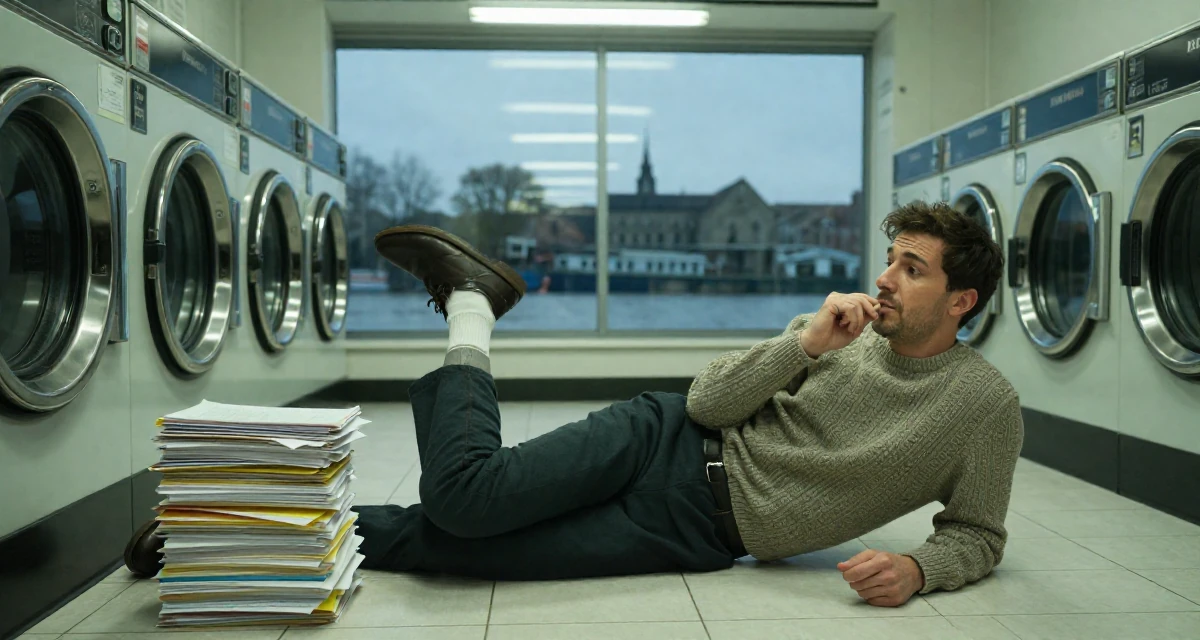 A assertive male Former software engineer at 25, now crafting premium lifestyle content in their 23, making decisions that will shape future lifestyle, wearing a vintage sweater and high-waist pants, humming a tune visually in a laundromat.