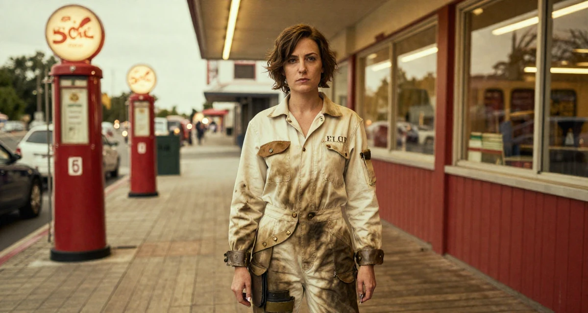 A solemn Female Former spa receptionist, now blending beauty with calm-aesthetic content in their 26, balancing a demanding career with dating life, wearing a steampunk mechanic jumpsuit with grease stains, holding a pen in a city sidewalk.